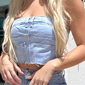 🔴NWT pretty little thing Light Blue Wash Jean Detail Cropped Bandeau Denim Top